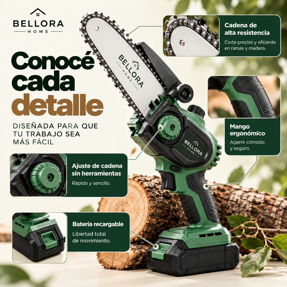 Motosierra Inalámbrica Bellora™ | Cortá Ramas y Madera Sin Esfuerzo